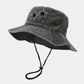 Detail of washed grey cotton sun hat featuring rhinestone stars and chin strap - Black