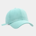 Detail view of mint green pinstripe corduroy baseball cap with breathable eyelets - Adjustable / Lake Blue