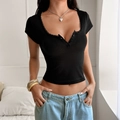 Women's Y2K black short sleeve slim fit tee with low U-neck lace trim and button detail - Black