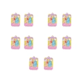 Macro view of ten gold-tone Tarot The Lovers enamel pendants with pink and blue detailing - The Lovers