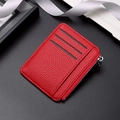 Chic red litchi texture leather card holder with multiple slots and silver zipper - Red