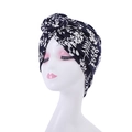Detail of navy blue turban with white floral print and stylish top knot knot twist - Style 14-Dark Blue White Floral Knot