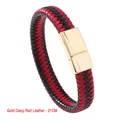 Men's braided leather bracelet with red and black cord and golden magnetic clasp - 21cm / Gold Buckle Red Leather