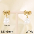 Pendientes de lazo dorados con diamantes de cristal y perlas de concha blancas - Dorado (KE115976-GC)