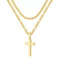 Détail d'un collier double épaisseur doré avec pendentif croix et mailles cubaines et Figaro - Double Couche Cubaine 3:1 / Or