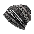 Bohemian knit slouchy beanie with ethnic geometric patterns in black, white, and brown - Black Grey Brown Ethnic Geometric (21#)