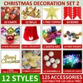 125-piece Christmas tree ornament set with gold bells, red bows, and colorful lights - Christmas Decor Pack 2 (125 Pieces with Lights)