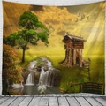 Arazzo da parete in poliestere con paesaggio fantastico di cascata e foresta - 150x130cm / Cigno da fiaba luce dorata