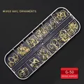 Golden geometric nail art ornaments in a 12-grid organizer box for creative designs - G-50 Style (Golden Multi-shape Mixed Rivet Sheets)