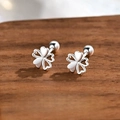 Silver plated four-leaf clover stud earrings with heart-shaped leaves and screw ball backs - Hollow Heart Clover (A296)