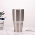 Sleek 30oz stainless steel travel tumbler with transparent lid on a modern marble desk - 30oz / Powder Coated Stainless Steel