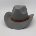 Detailed view of gray felt vintage fedora with brown leather band and gold buckle - One Size / Grey (With Brown Belt)
