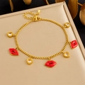 Detail view of gold chain bracelet with red enamel lips and heart-shaped crystals - Red Lip Heart Style (B1783)