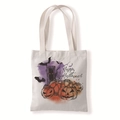 Detalle del estampado Happy Halloween con calabaza y fantasma en bolsa de lona beige - Happy Halloween Casa Embrujada