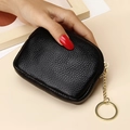 Genuine leather black coin purse with lychee texture and golden keychain ring - Black