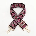 Detail of colorful jacquard wide bag strap with pink floral embroidery and gold metal hooks - Black Beige Rose Red Floral