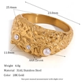 18K vergoldeter 316L Edelstahlring mit Felsstruktur, Perlen und AAA Zirkonia-Stein - Gehämmerter Zirkon-Perlen-Kuppelring-Gold-Größe 6