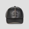 Detail view of black PU leather baseball cap with stylish beige contrast stitching accents - M (56-58cm) / Dark Gray