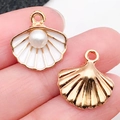 Golden shell charms with white enamel and pearl inlay for DIY jewelry making - White Shell With Pearl