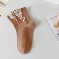 Brown mid-calf cotton socks featuring 3D white flower embroidery and wavy texture - One Size / Light Coffee White Flower
