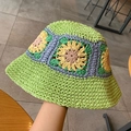 Handgefertigter Häkel-Bucket-Hat, grüne Blumen-Strohhut Damen Sommer Strand Sonnenhut. - M (56-58cm) / Grün