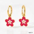 Enamel flower drop earrings in vibrant rose pink and white with gold-tone hoop - Red Style (KDE717)