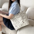 Large canvas tote bag featuring cute brown cat illustrations and white shoulder straps - MIMI Cat / White
