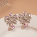Boucles d'oreilles nœud en strass roses avec cristal cœur et pendentif poire - Rose (Tige de boucle d'oreille en argent sterling 925)
