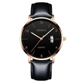 Men's quartz watch with black leather strap and rose gold case showing date window - Black Dial Rose Gold Case Black Leather Strap