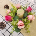 Pink rose candle ring wreath with green eucalyptus leaves for holiday table decoration - Rouge Two-Tone