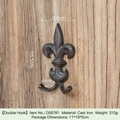 European vintage fleur-de-lis cast iron double wall hook with rustic dark brown finish - Spearhead Double Hook B-DS8781