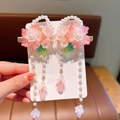 Pink cherry blossom hair clips with long pearl tassels and floral resin petals - Elegant Pink Cherry Blossom