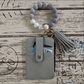 Gray lychee leather card holder with marble silicone bead wristlet and tassel - Gray