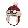 Bonnet hiver enfant léopard rouge avec protège-oreilles en peluche et pompon blanc - 50cm (Recommandé 1-2 Ans) / Style Expression Animale à Lunettes / Rouge Foncé