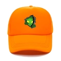 Detail einer orangefarbenen Trucker-Cap mit grünem Alien-Motiv und atmungsaktivem Netz - M (56-58cm) / Orange
