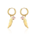Golden feather earrings with pink crystal beads and shine engraving on the charm - Feather Shine Pendant / Gold