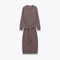 Elegant cocoa brown knitted midi dress with front buttons and matching waist belt - S / Camel