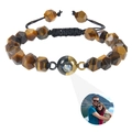 Detailed macro view of faceted tiger eye stone bracelet with custom photo projection bead - Tiger Eye - Custom Bracelet