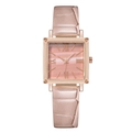 Detail of square pink marble dial with Roman numerals and rose gold case on leather strap - Pink