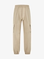 Detail of light khaki cargo pants showing drawstrings and textured striped fabric texture - Khaki