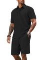 Men's casual black waffle knit polo and shorts set featuring a textured summer design - Black