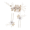 3-piece bridal hair accessory set with gold metal branches, white flowers and pearls - Set 6 (3pcs) / White