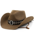 Brown woven western cowboy straw hat with studded leather band and adjustable chin strap - M(56-58cm) / Coffee