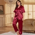 Conjunto de pijama de dos piezas para mujer en satén de seda burdeos con vivos negros - 3XL / Rojo