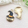 Goldener Katzen-Anhänger mit schwarzem Hexenhut für DIY-Armbänder und Schlüsselanhänger - Schwarzer Halloween Katzenkopf / 16x24mm