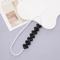 Stylish white pearl beaded phone strap featuring seven black heart-shaped charms - K1108 Heart Beaded Phone Chain (Black)