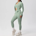 Three-piece yoga set with zip jacket, sports bra, and high waist leggings in sage green - S / Basil Green