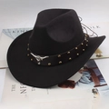 Classic black felt cowboy hat featuring a leather band with silver bull head metal buckle - Riveted Bull Head / Black