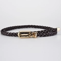 Slim dark brown woven PU leather belt for women with elegant gold U-shaped metal buckle - Coffee