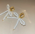 Elegant gold plated bow earrings with white pearls and circular studs for women - Bowknot Pearl Ear Clips / Gold